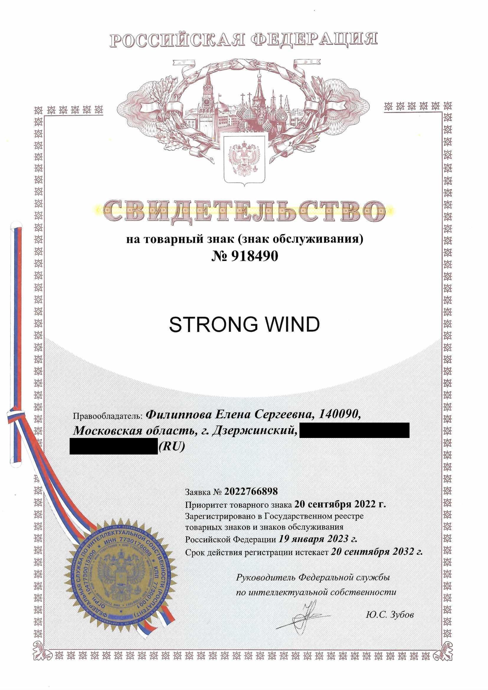 Товарный знак № 918490 – Strong Wind