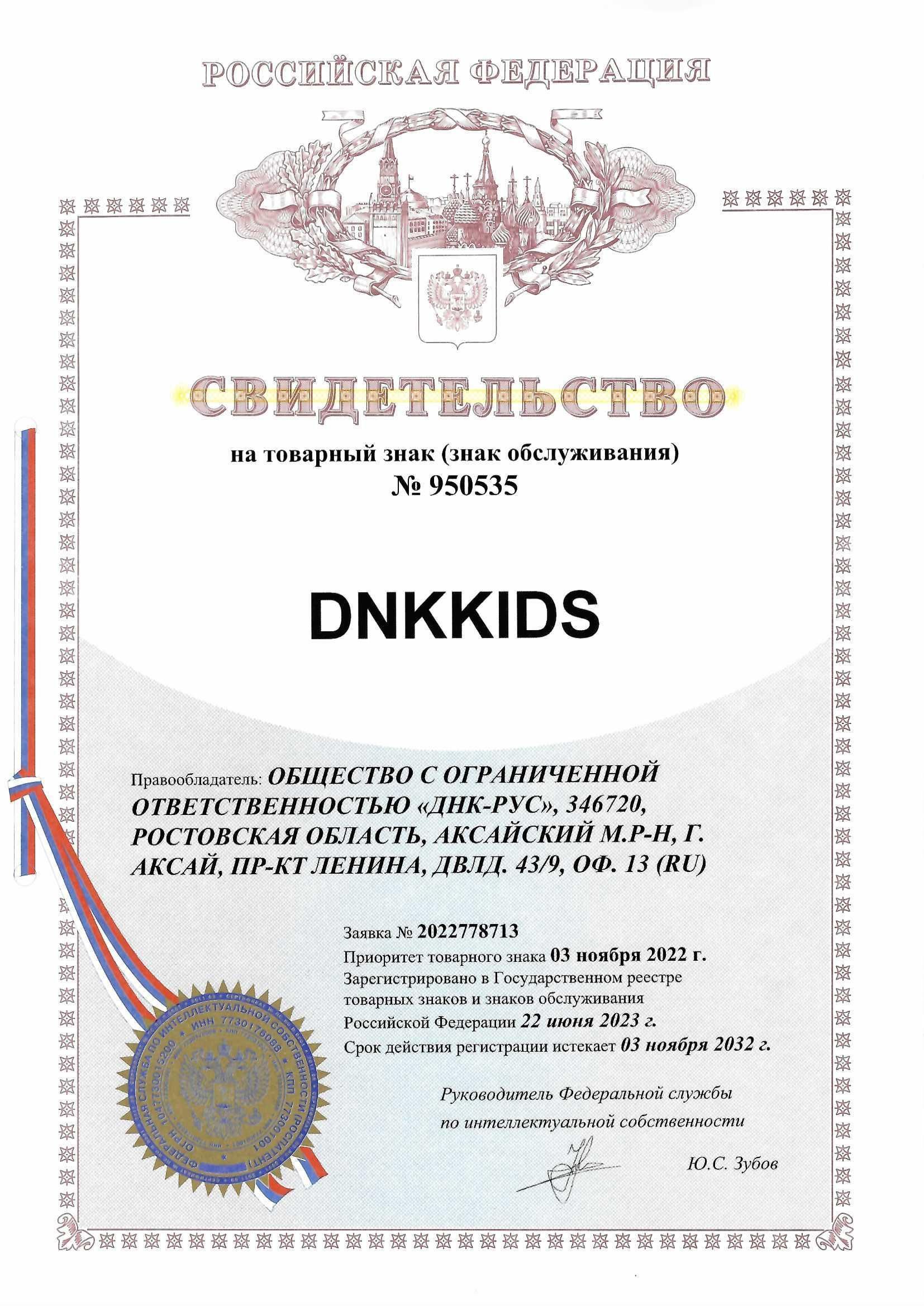 Товарный знак № 950535 – DNKKIDS