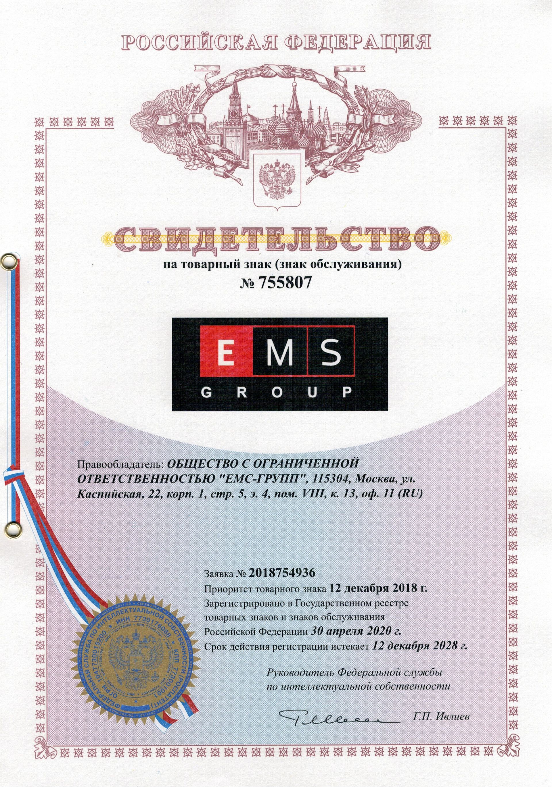 Товарный знак № 755807 – EMS group