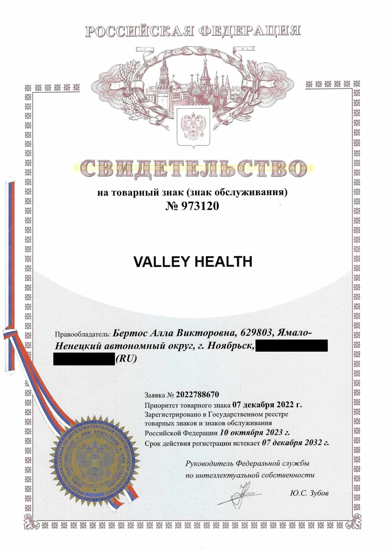 Товарный знак № 973120 – Valley Health