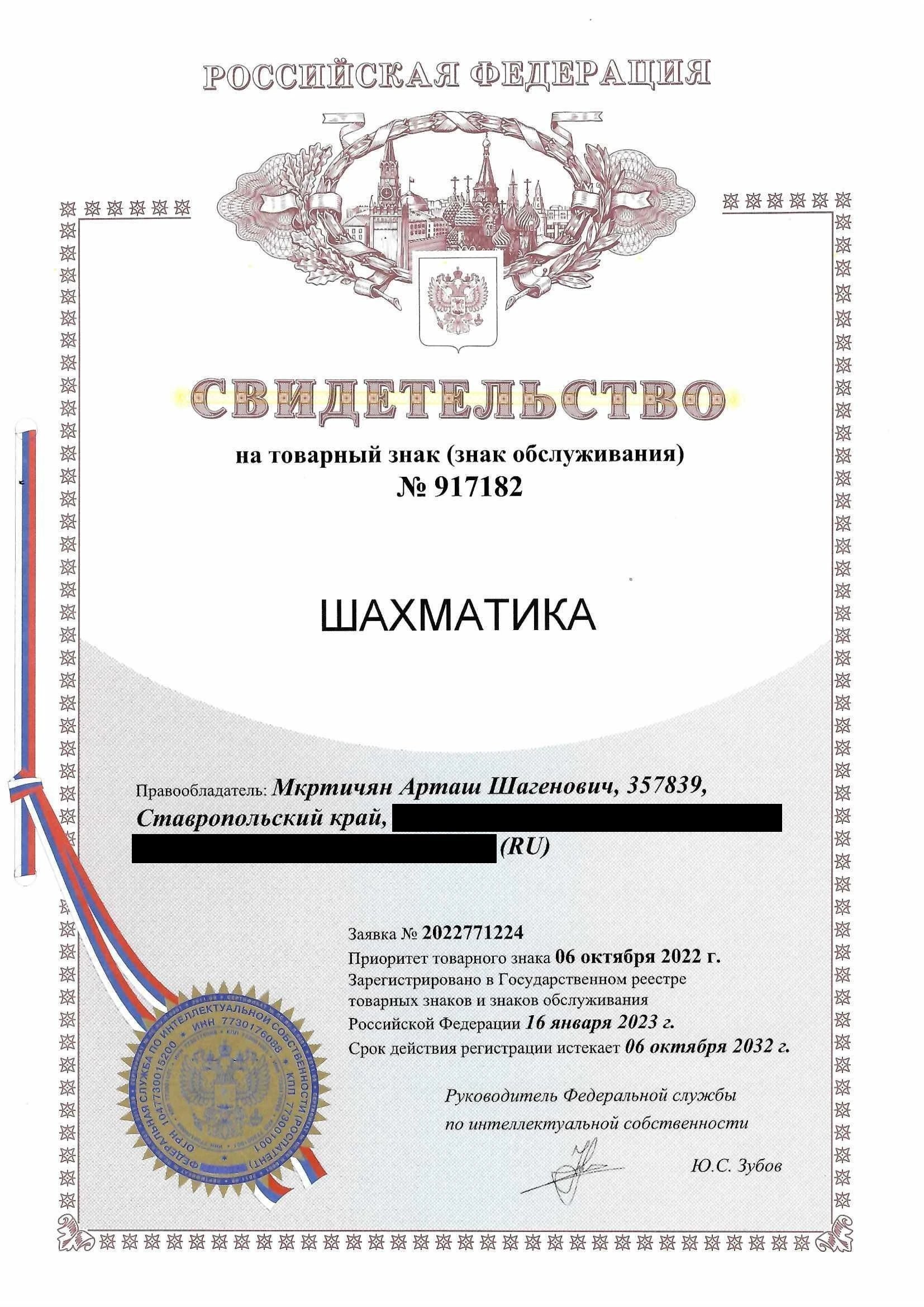 Товарный знак № 917182 – Шахматика