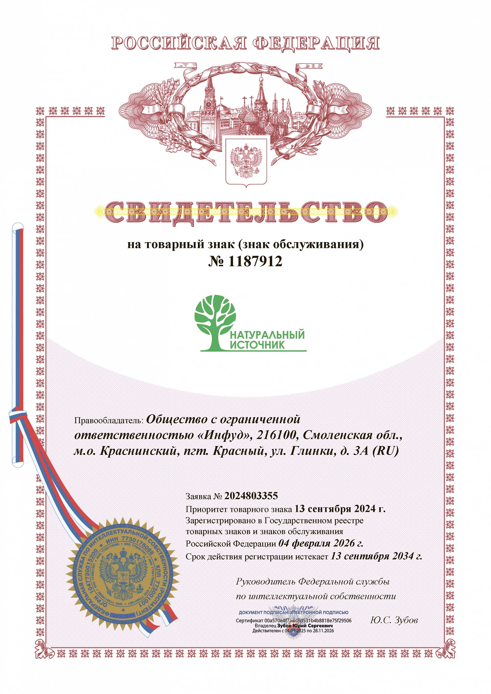 Товарный знак № 1187912 – Натуральный источник