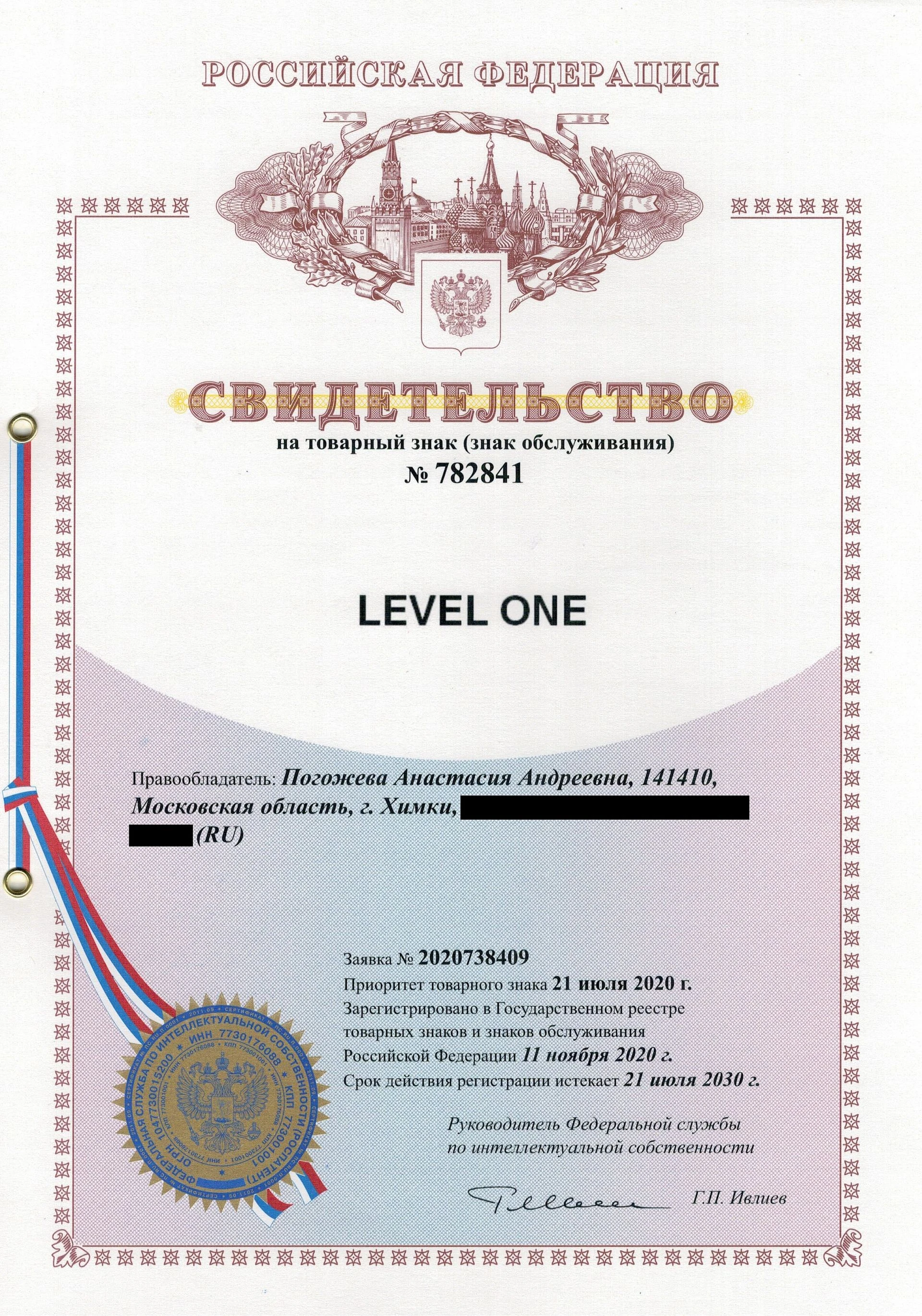 Товарный знак № 782841 – Level One