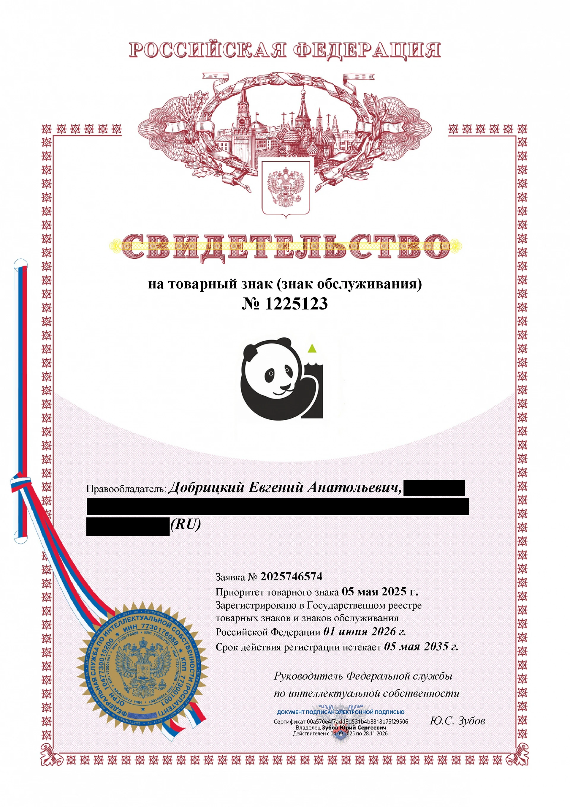 Товарный знак № 1225123 – ПАНДА